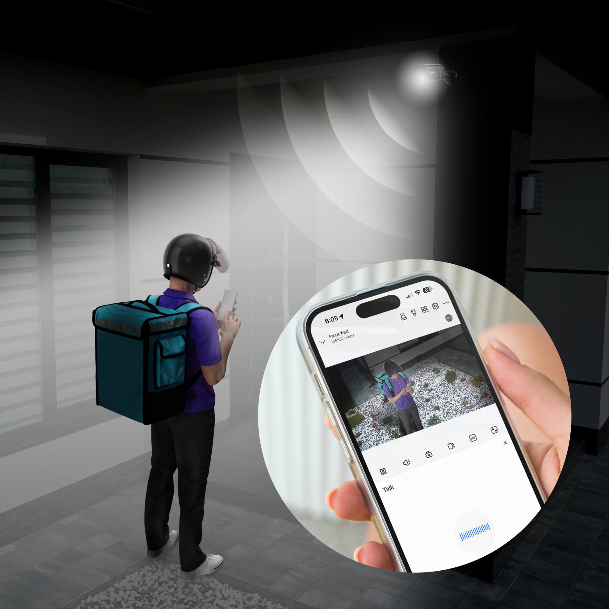 The image shows a man holding a cell phone, with a picture of a woman on the screen. The man is also wearing a backpack. The text on the image is "4 8/05 FuR Yard i shas 1958 g I x 00 Talk."