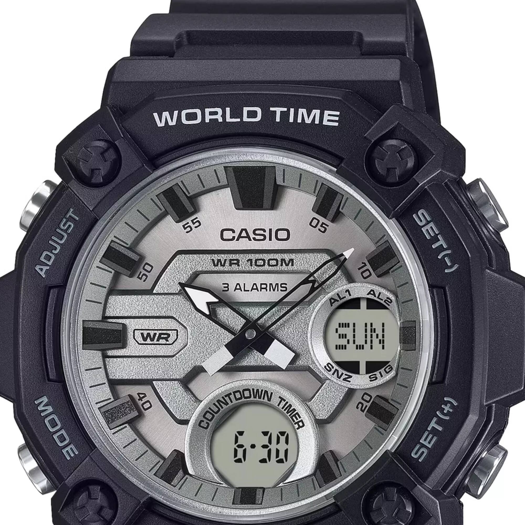 WORLD TIME ADJUST MODE 55 05 CASIO SET(-) WR 100M 50 10 3 ALARMS AL1 AL2 WR SUN SNZ SIG 40 COUNTDOWN 20 TIMER SET(+)