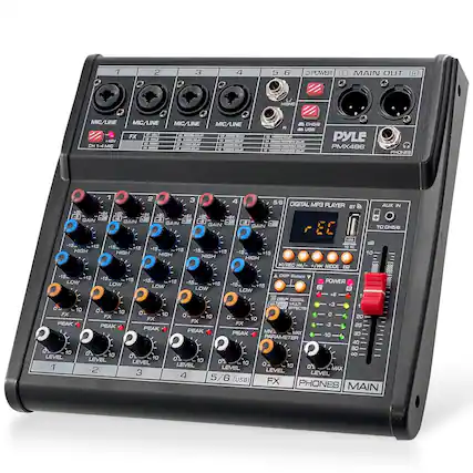 1 2 3 4 5/6
MIC/LINE
MIC/LINE
MIC/LINE
MIC/LINE
MONO
CH5/6
USB
PHONES
POWER
L MAIN OUT
R
PYLE PMX486
DIGITAL MP3 PLAYER BT
AUX IN TO CH5/6
GAIN 1
GAIN 2
GAIN 3
GAIN 4
GAIN 5/C
GAIN 6
HIGH
LOW
PEAK
LEVEL 1
LEVEL 2
LEVEL 3
LEVEL 4
LEVEL 5/6 (USB)
FX
PHONES
MAIN
DSP Select
POWER
EQ
-6
-3
0
+3
+6
+9
+12
+15
-10
-7
-4
0
+3
+6
+9
+12
+15
-10
-7
-4
0
+3
+6
+9
+12
+15
-10
-7
-4
0
+3
+6
+9
+1