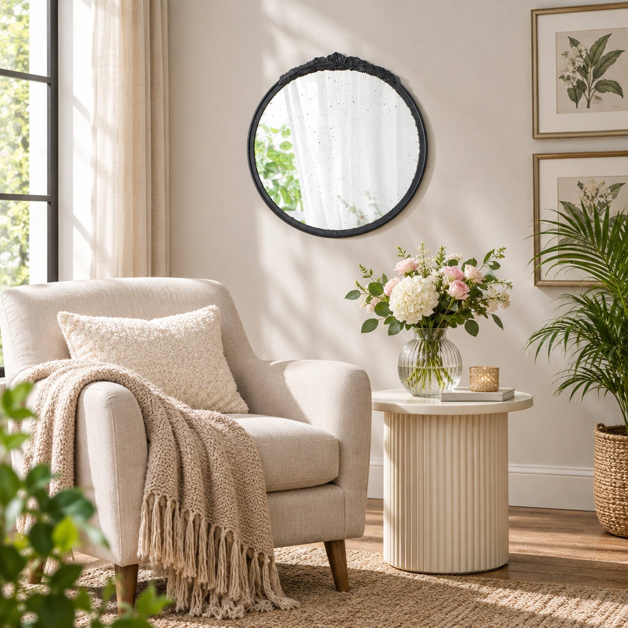 RYHNUYNE 30 in Round Wall Mirror, Hand Carved Rose Frame, Antique ...
