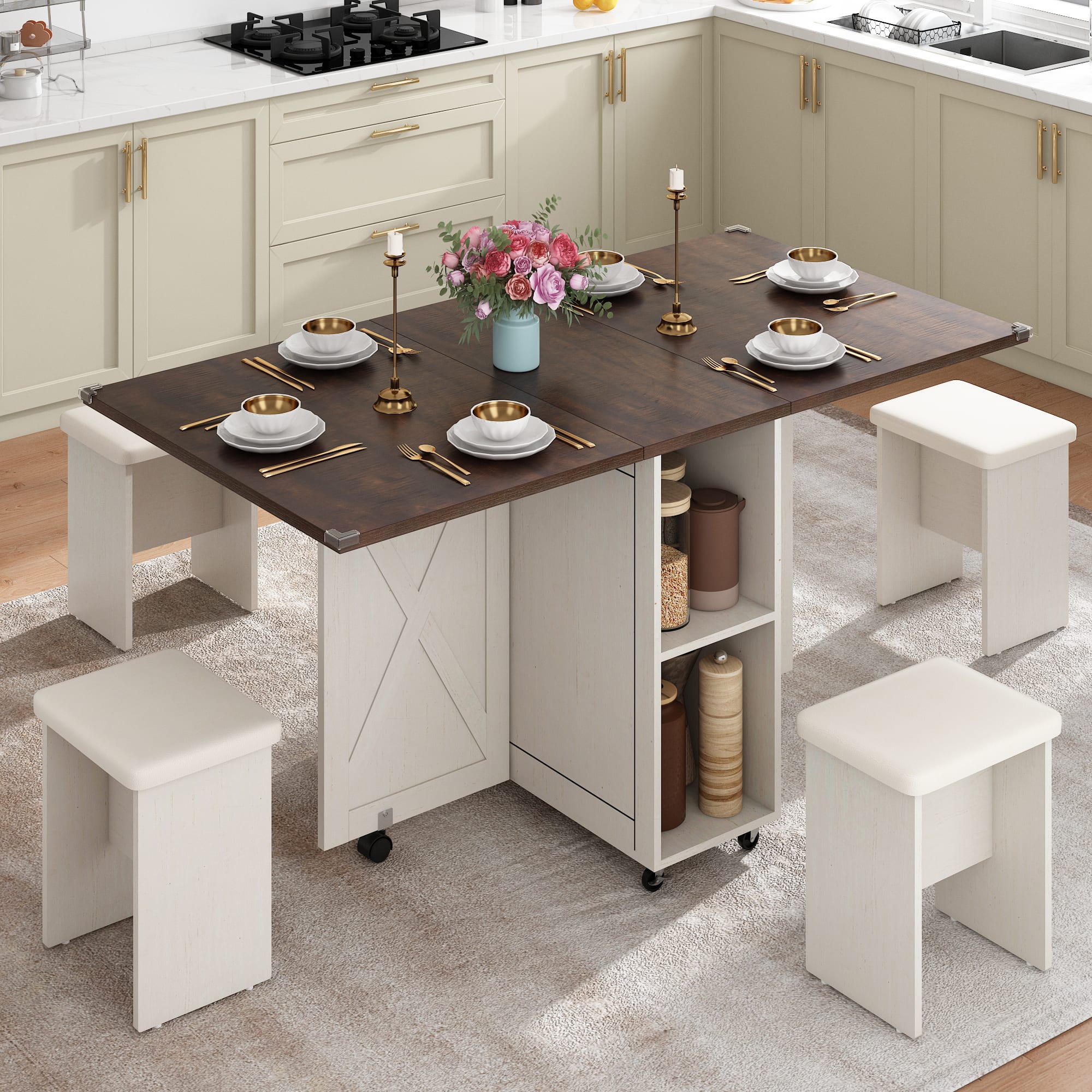 Espafurni - 5 -PCS Dining Table Set - 60" Folding,4 Leather Chairs, Drop Leaf for Small Spaces,6 Wheels, 2 Layer Shelf - White & Brown