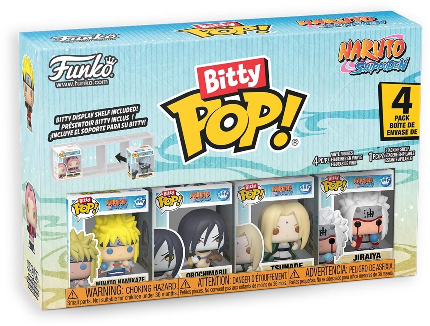 Sure, here is the corrected and grouped text from the image:

---

**Funko**  
www.funko.com

**Bitty Pop!**  
NARUTO SHIPPUDEN

**BITTY DISPLAY SHELF INCLUDED!**  
PRESENTOIR BITTY INCLUS!  
¡INCLUYE EL SOPORTE PARA SU BITTY!

**4 PACK**  
BOITE DE 4  
4PC/PZ  
1PC/PZ  
VINYL FIGURES  
FIGURINES EN VINYLE  
FIGURAS DE VINIL  
STACKING SHELF  
ETAGERE EMPILABLE  
ESTANTE APILABLE

**WARNING: CHOKING HAZARD.**  
Small parts. Not suitable for children under 36 months.  
ATTENTION: DANGER D'ÉTOUFFEMENT.  
Petites pièces. Ne convient pas aux enfants de moins de 36 mois.  
ADVERTENCIA: PELIGRO DE ASFIXIA.  
Partes pequeñas. No es adecuado para niños menores de 36 meses.

**MINATO NAMIKAZE**  
**OROCHIMARU**  
**TSUNADE**  
**JIRAIYA**

---

