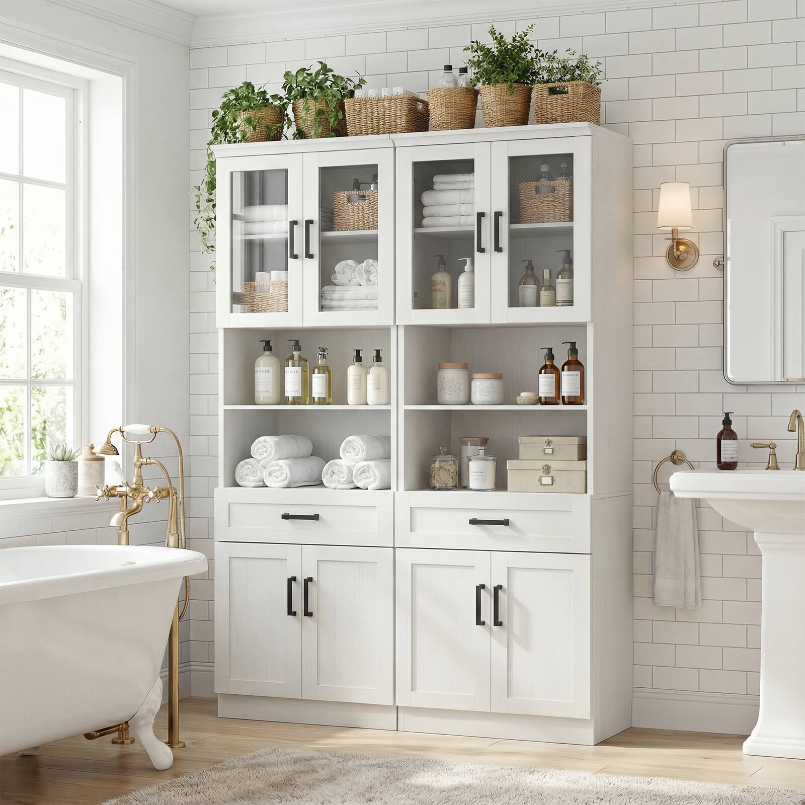 Back. Aheaplus - 79.7" Tall Pantry Cabinet Set of 2, Kitchen Hutch Cabinet with Adjustable Shelves and Drawers - White.