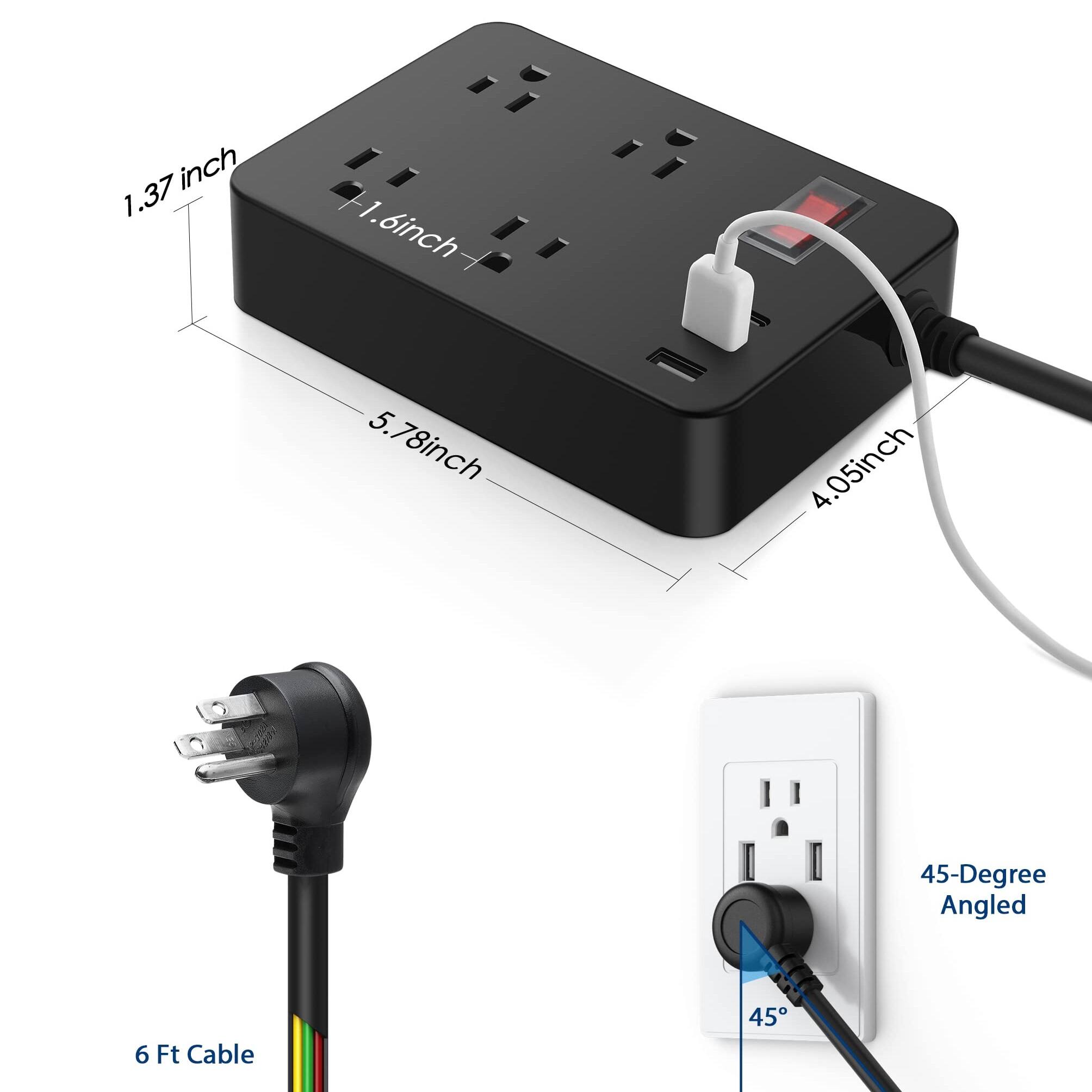 1.37 inch  
1.6 inch  
5.78 inch  
4.05 inch  
45-Degree Angled  
6 Ft Cable