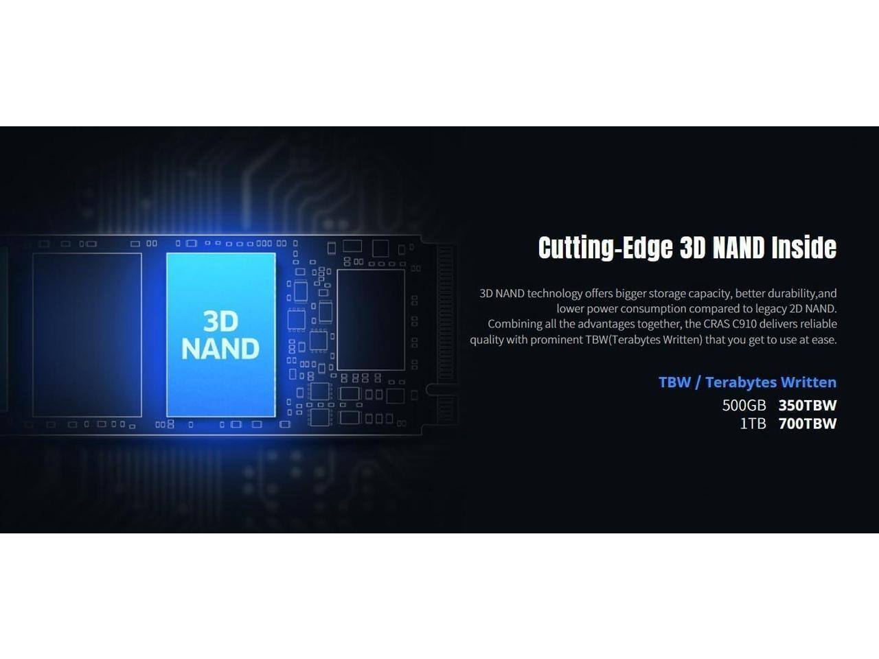 Cutting-Edge 3D NAND Inside

3D NAND technology offers bigger storage capacity, better durability, and lower power consumption compared to legacy 2D NAND. Combining all the advantages together, the CRAS C910 delivers reliable quality with prominent TBW (Terabytes Written) that you get to use at ease.

TBW / Terabytes Written
500GB 350TBW
1TB 700TBW