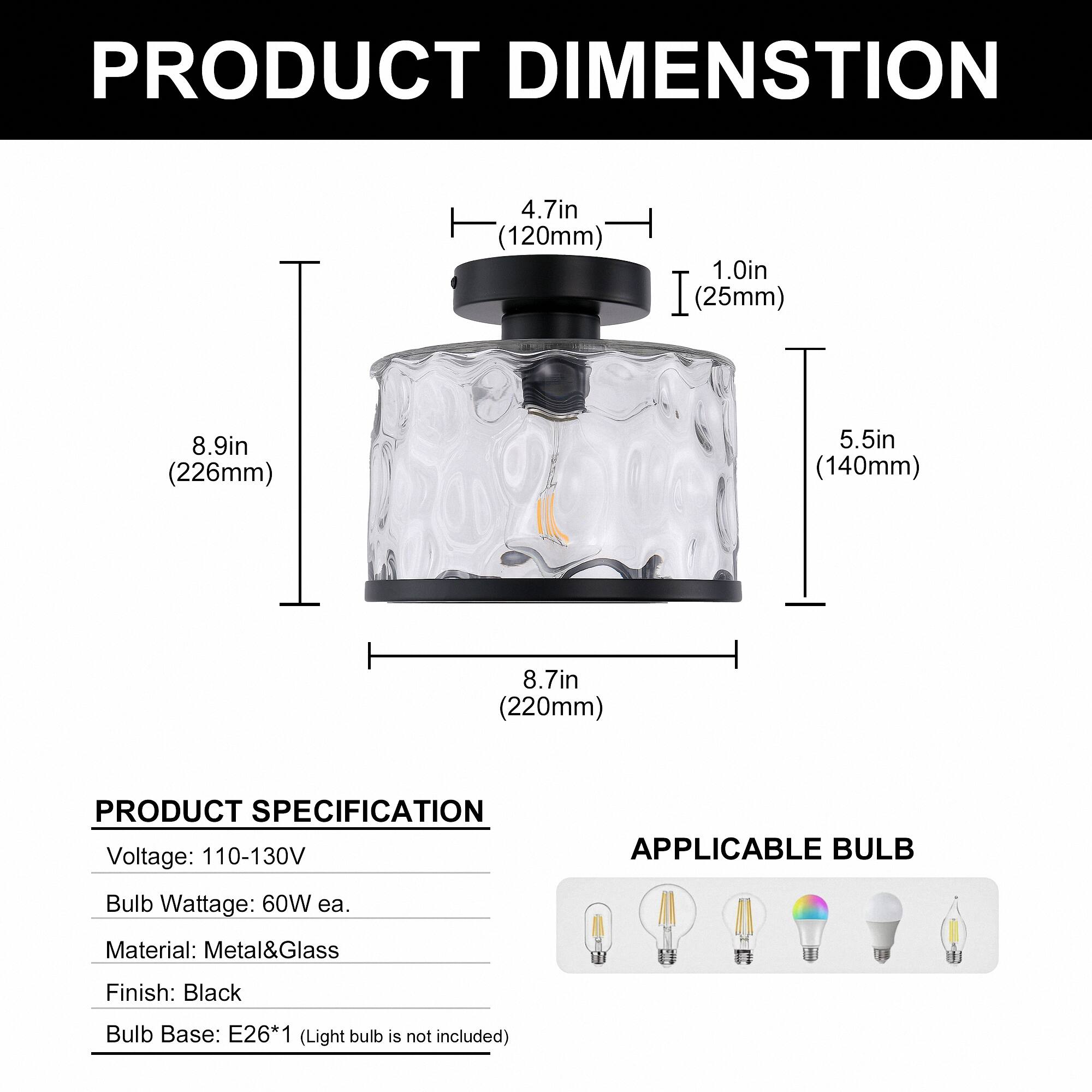 PRODUCT DIMENSION  
4.7in (120mm)  
1.0in (25mm)  
8.9in (226mm)  
5.5in (140mm)  
8.7in (220mm)  

PRODUCT SPECIFICATION  
Voltage: 110-130V  
Bulb Wattage: 60W ea.  
Material: Metal&Glass  
Finish: Black  
Bulb Base: E26*1 (Light bulb is not included)