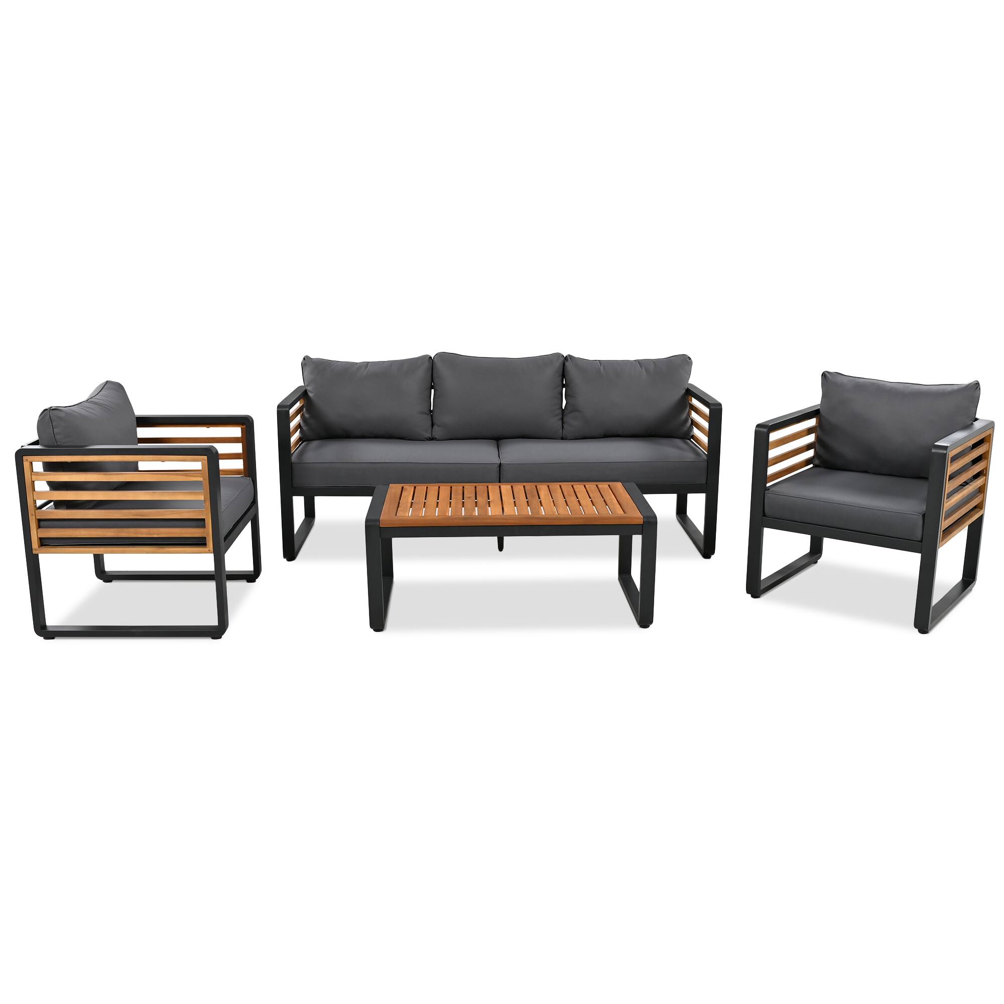 Left. Whisen - 4-Piece Acacia Wood & Metal Patio Conversation Sofa Set for 5, with 4-Inch Thick Removable Cushions - Gray.