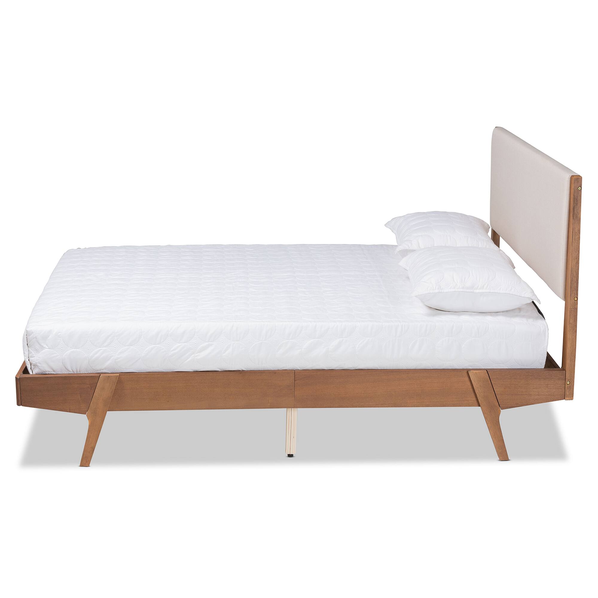 Angle. Baxton Studio - Senna Mid-Century Modern Fabric Upholstered and Walnut Brown Finished Wood Full Size Platform Bed - Beige/Walnut Brown.
