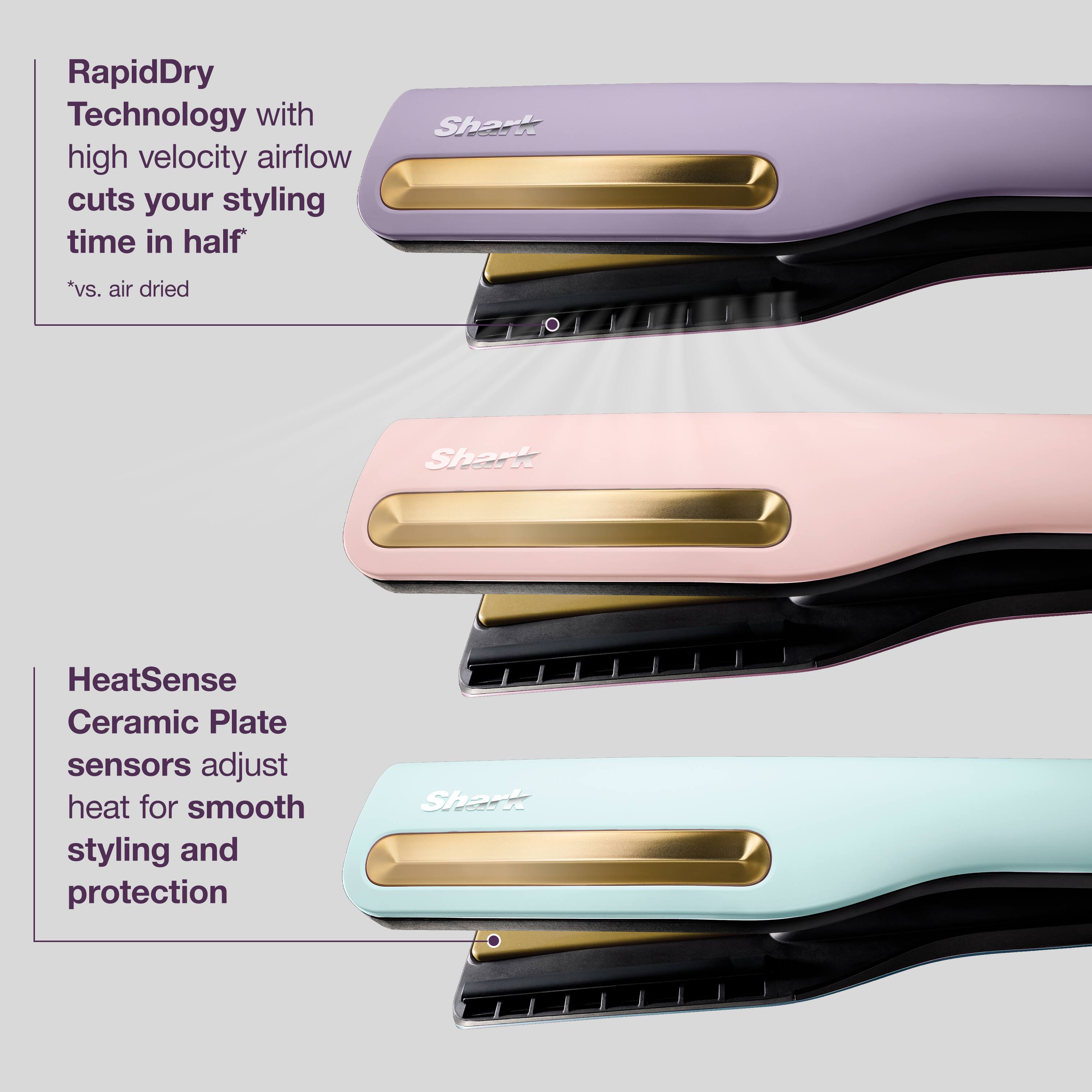 RapidDry Technology with high velocity airflow cuts your styling time in half*  
*vs. air dried  

HeatSense Ceramic Plate sensors adjust heat for smooth styling and protection