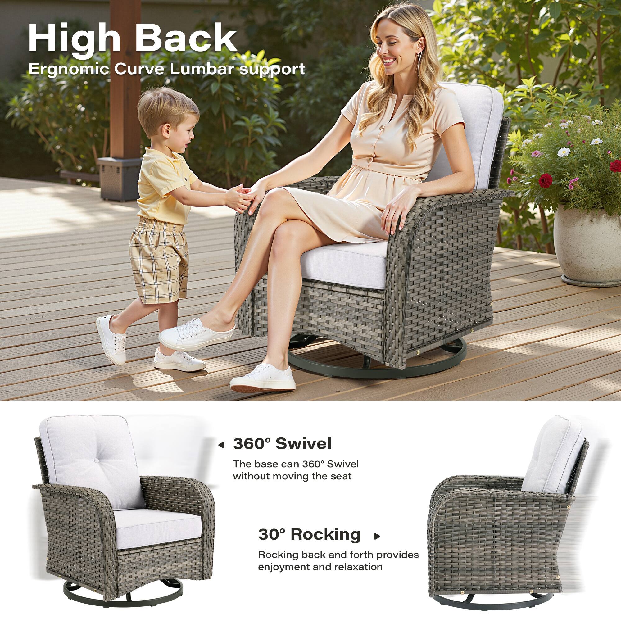 High Back  
Ergonomic Curve Lumbar support  

360° Swivel  
The base can 360° Swivel without moving the seat  

30° Rocking  
Rocking back and forth provides enjoyment and relaxation