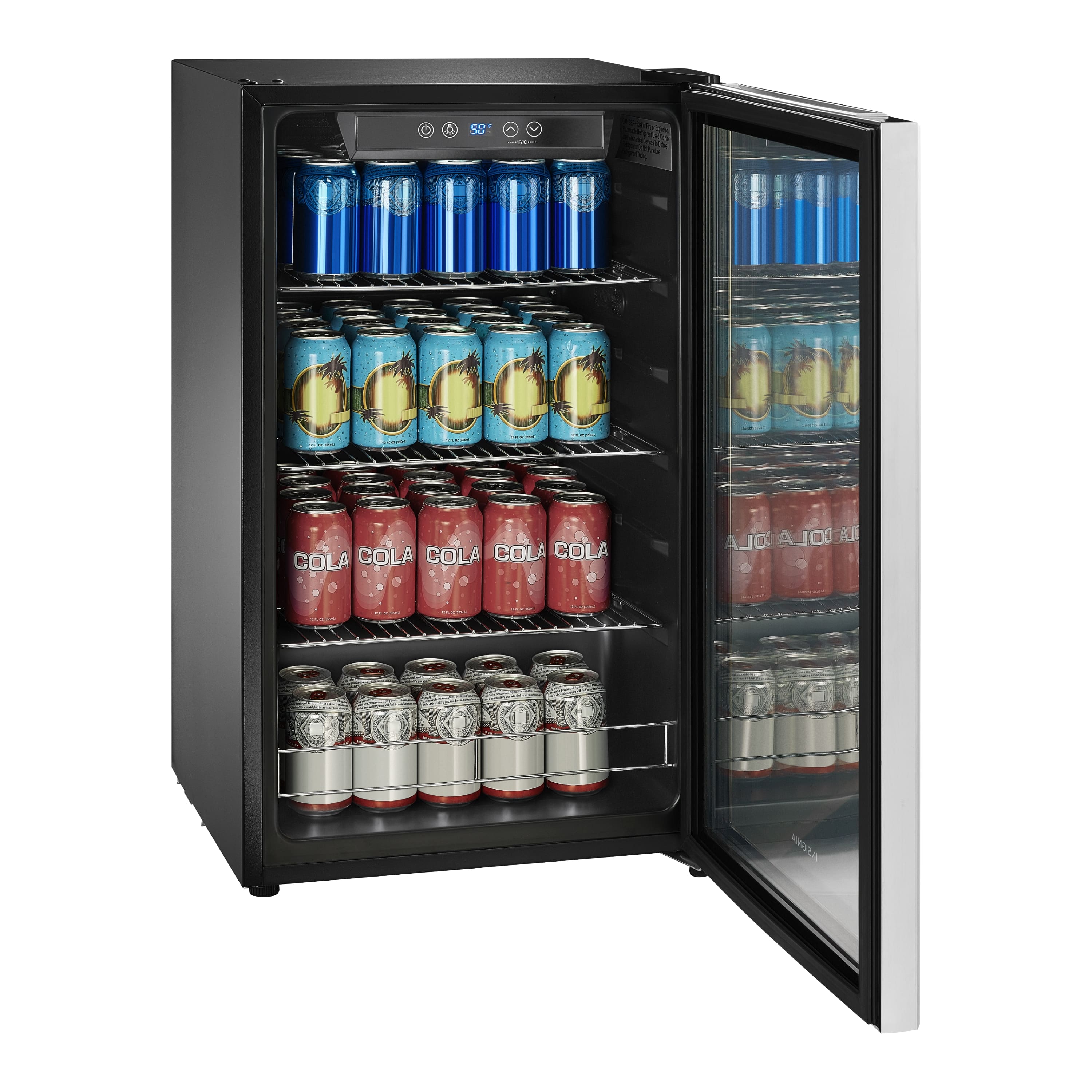The image shows a refrigerator with its door open, revealing a variety of drinks inside. There are several cans of soda, including Cola, and other beverages. The refrigerator is filled with a total of 13 cans, with some placed on the top shelf and others on the bottom shelf. The assortment of drinks provides a diverse selection for those who want to enjoy a cold beverage.