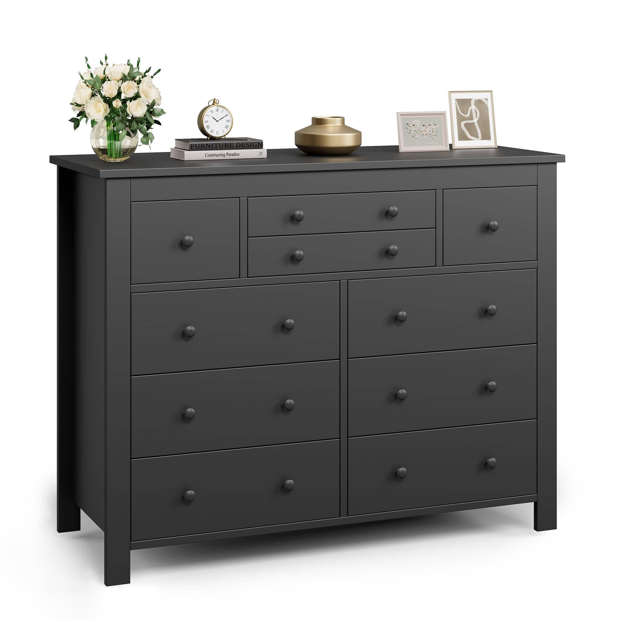 Acekool - 10 Drawers Dresser for Bedroom,Modern Wooden Chest of Drawers with Natural Texture, Sturdy and Stable Storage Organizer - Black