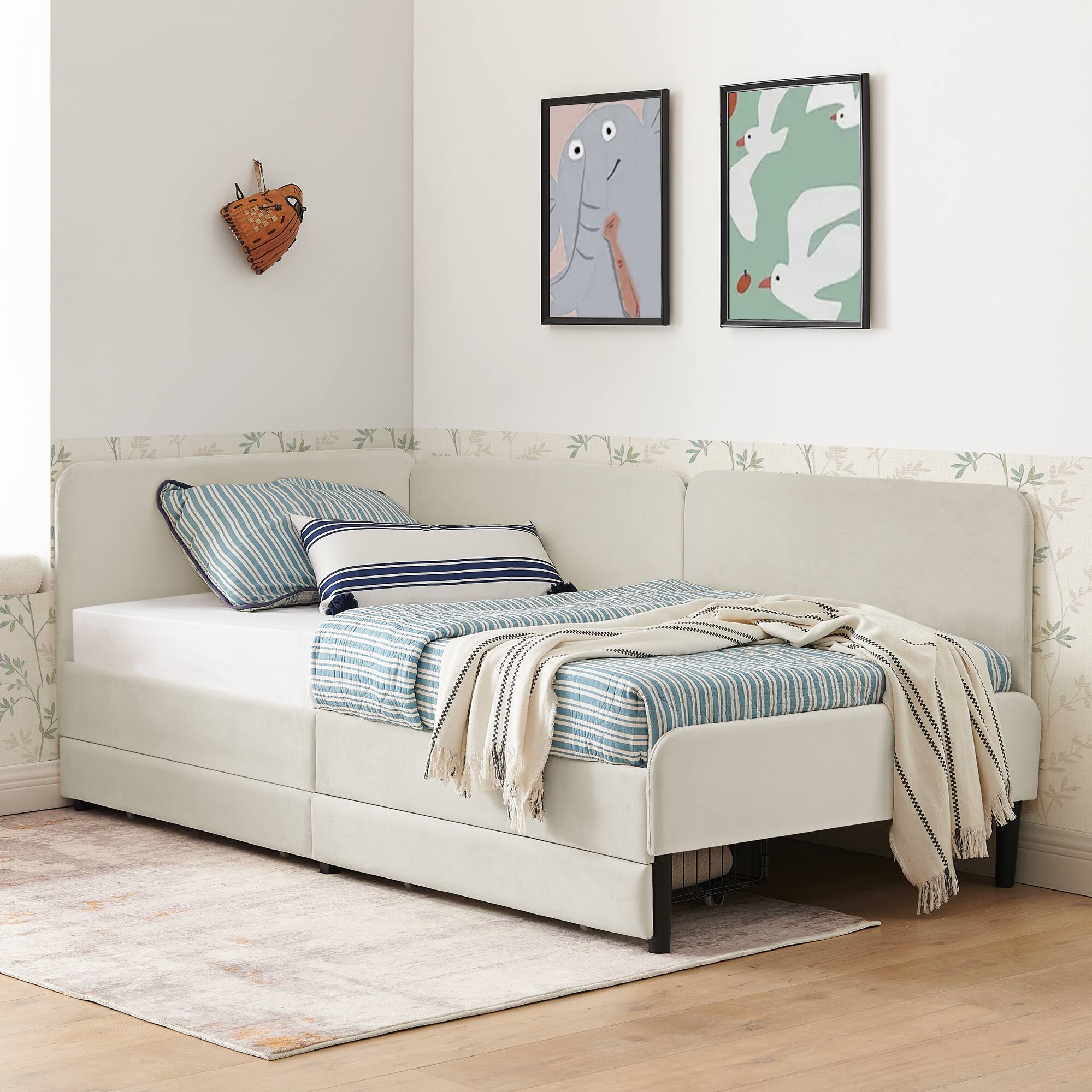 Left. TinyHomie - Twin Size Upholstered Platform Bed Frame 2 Storage Drawers Adjustable Velvet Sofa Bed Beige - white.