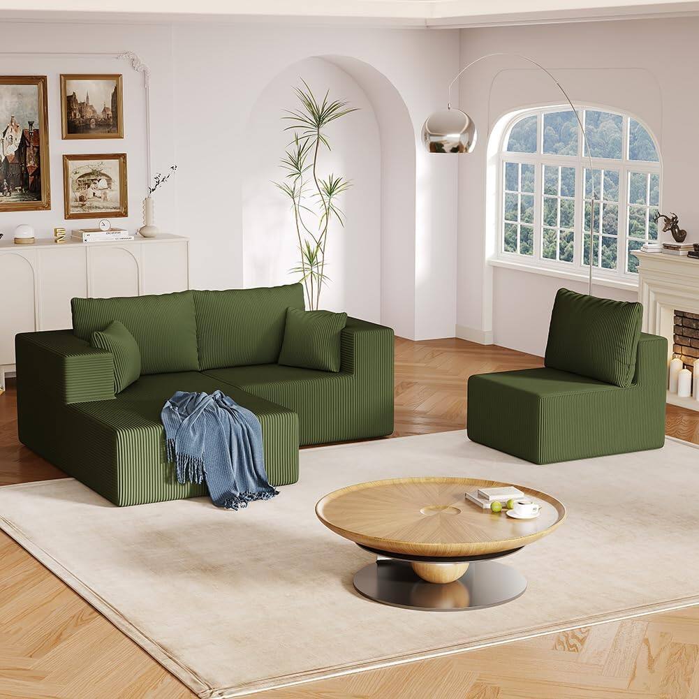 Alt View 5. Trinkets Crazed - 108.3in Sectional Foam Couch, Corduroy Fabric L Shape Sofa with Chaise Lounge - green.