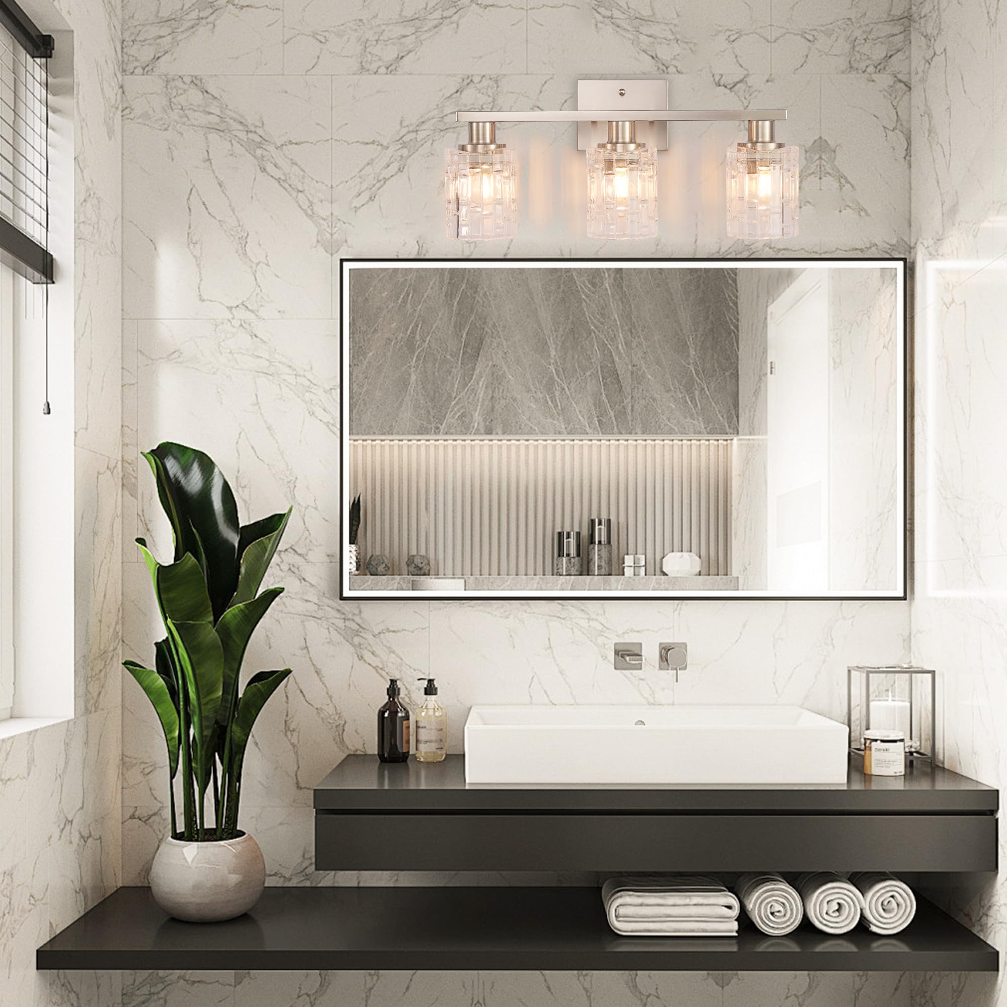 Back. Comfort Essence - Light Brushed Nickel Bathroom Vanity Over Mirror Modern Lighting With Crystal Glass Shade Wall Mount Fixtur - Silver Chrome 3-Light.