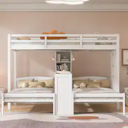 Anysun - 3 Beds in 1 Design Twin Bunk Bed with Built-in Desk, Storage Shelves & Reading Lamp, Space-Saving Multi-Function - White