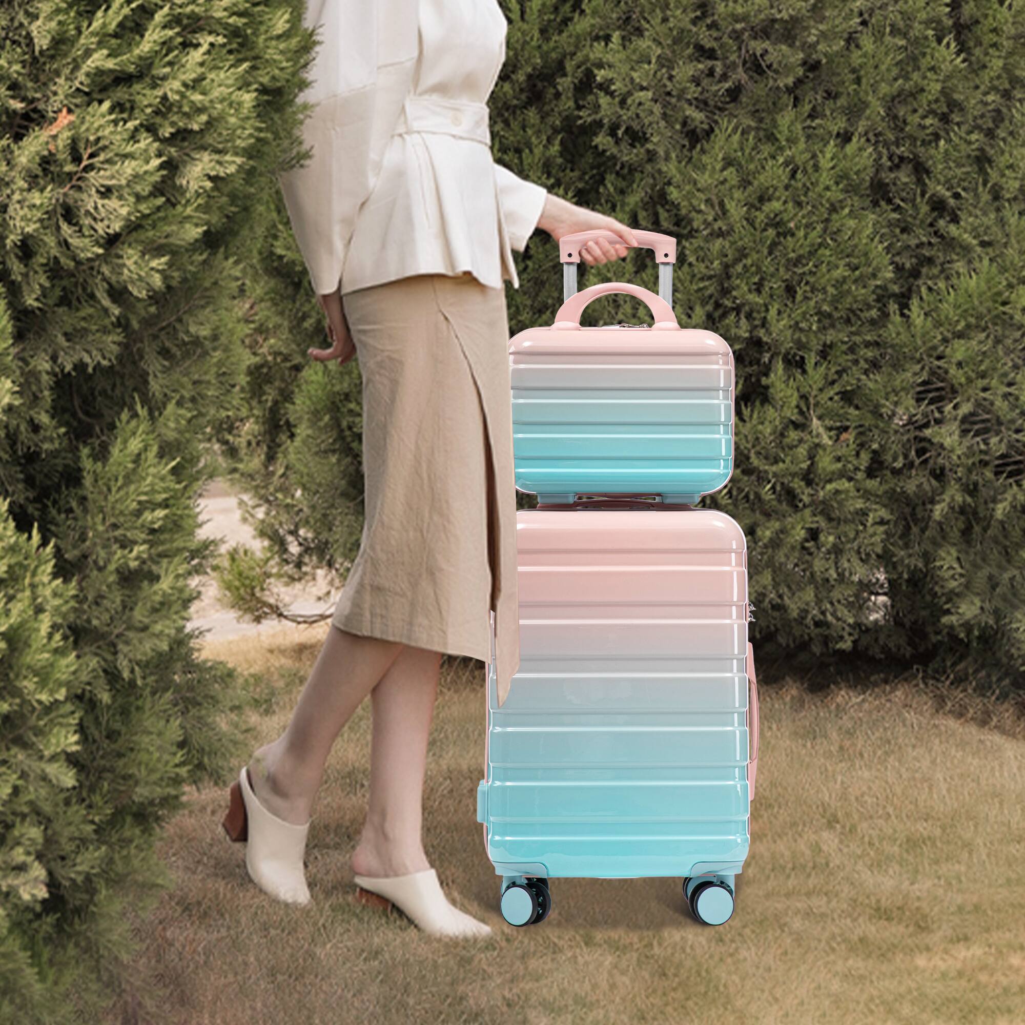 Angle. Aukfa - 14"/20" 2 pcs/set in PC Spinner Wheel Luggage, Carry on Suitcase, With Gradient Color and Combination Lock - Pink.
