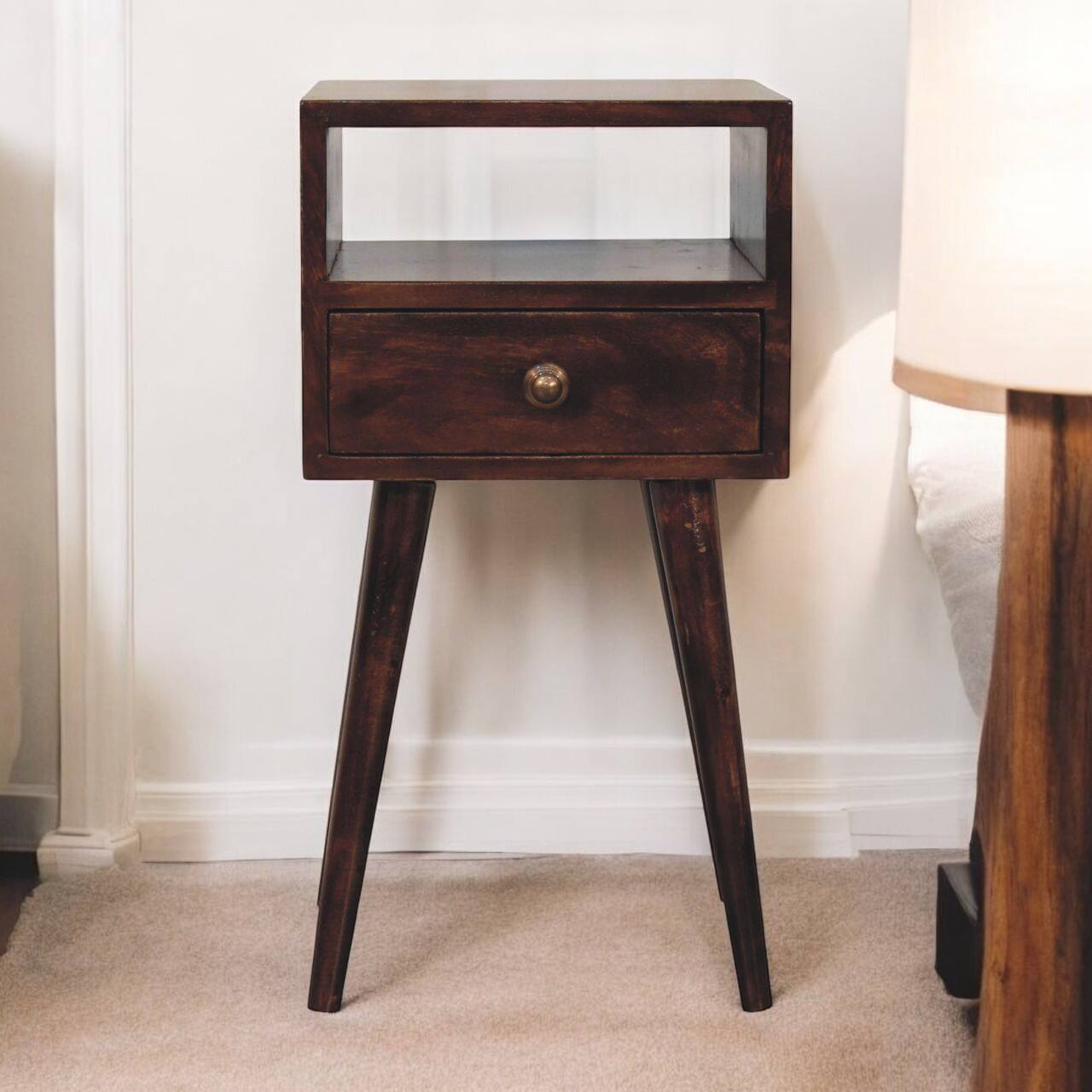 Angle. Artisan Furniture - Artisan Furniture Solid Wood Mini California Walnut Bedside, 1 drawer, 1 Open Slot, Dark Brown - Chestnut.
