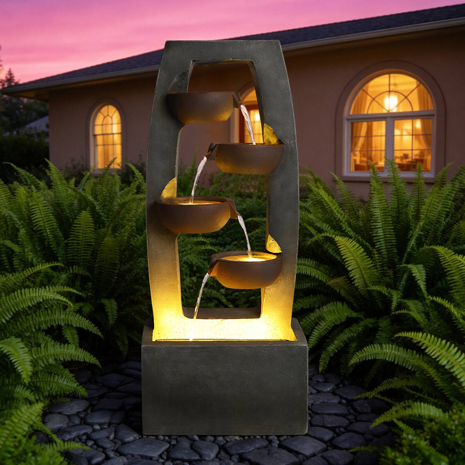 Angle. Anysun - Outdoor Rock Water Fountain with Lights – 4-Tier Rectangular Cascading Waterfall Resin Garden Fountain for Landscape - Gray.