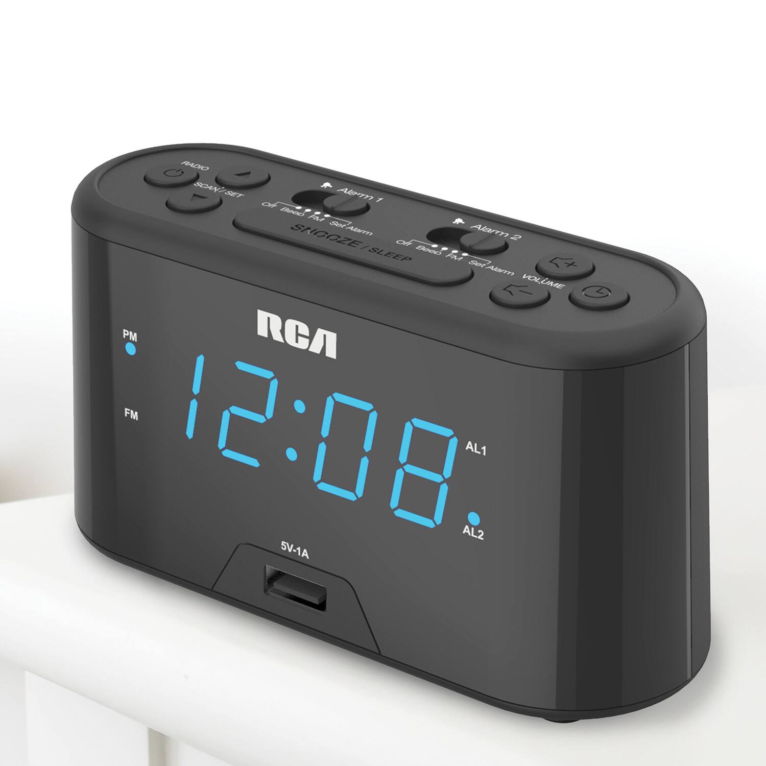RAD SOAN? SET Alarm 1 of y Meoes PM JN A SNOOZE Alarm 2 OF BoeC - SLEEP PMA -- Set Alarmn K+ VOLUE PM RCA FM 12:08. AL2 AL1 5V-1A