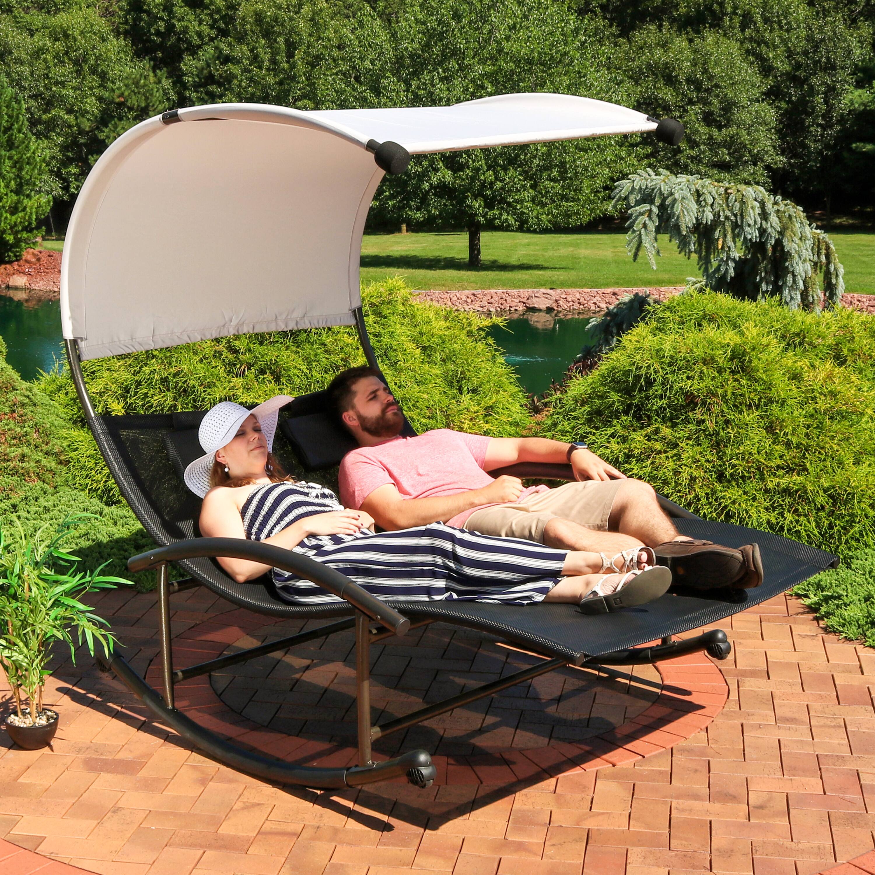 Alt View 5. Sunnydaze - Double Rocking Chaise Lounge Bed with Canopy and Pillows - Black.