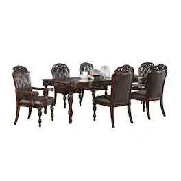 Manhattan Lane - Eva 7pc Dining Table and Chair Set, Brown Faux Leather, 72-93 Inch - Cherry Brown