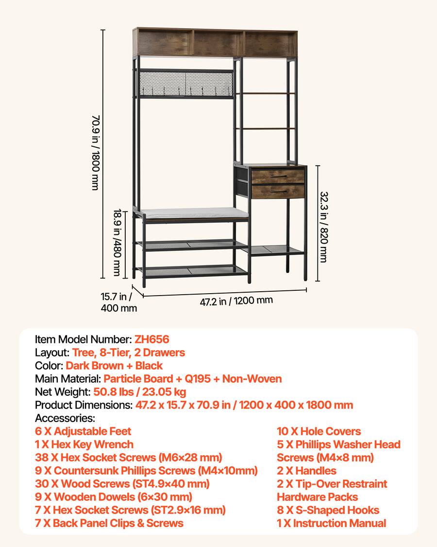 Material Rack Tree Design VEVOR Hall Tree, 70.9 in Coat Rack with Shoe Bench & 2 Drawers, 3 in 1 ...