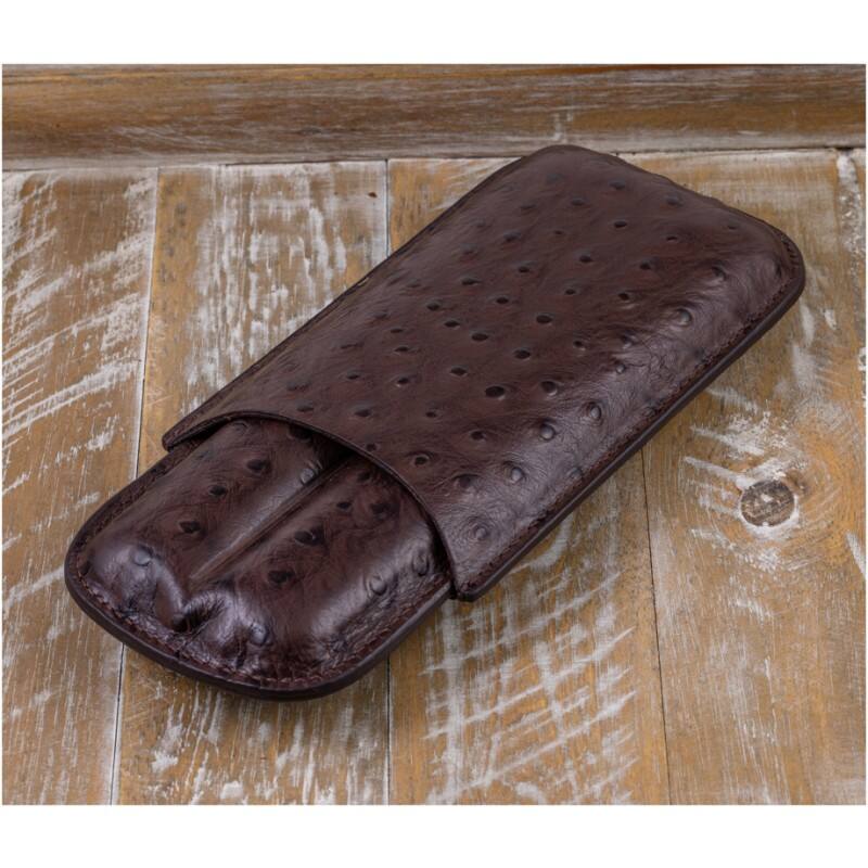 Left. Prestige - Ostrich 2 Cigar Case (Brown) - Brown Leather Finish.