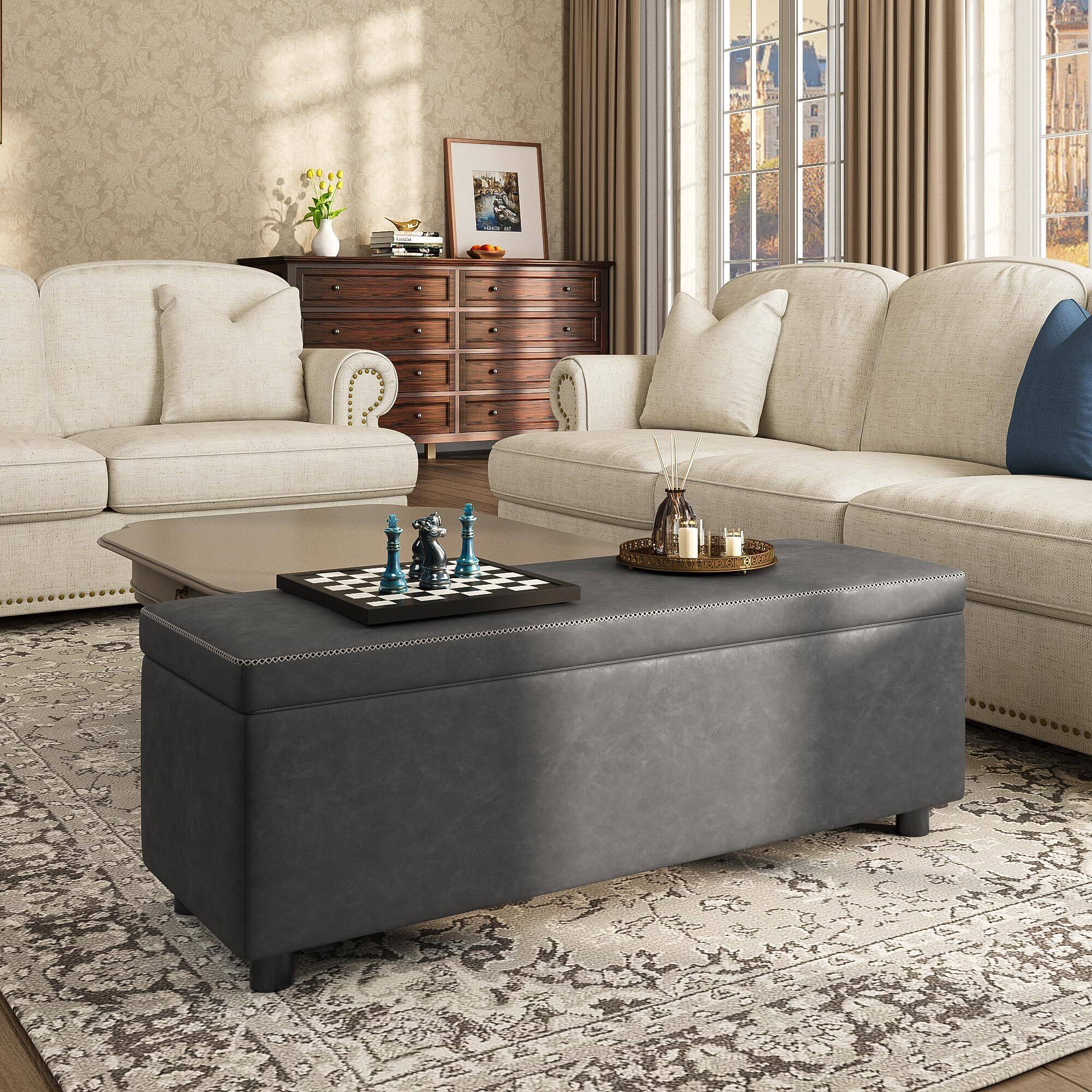 Alt View 5. Acekool - Storage Ottoman Bench, Ottoman Foot Rest, Mid-Century Modern, Synthetic Leather with Stitching, - Grey.