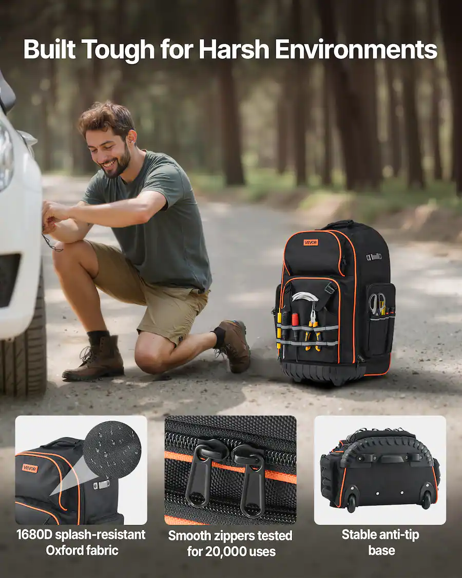 Wheel Load Distribution VEVOR Rolling Tool Backpack, 110 lbs Load Capacity, 72 Pockets Heavy ...