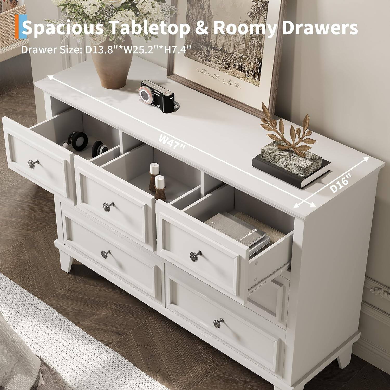 Spacious Tabletop & Roomy Drawers

Drawer Size: D13.8" * W25.2" * H7.4"

W47" D16"