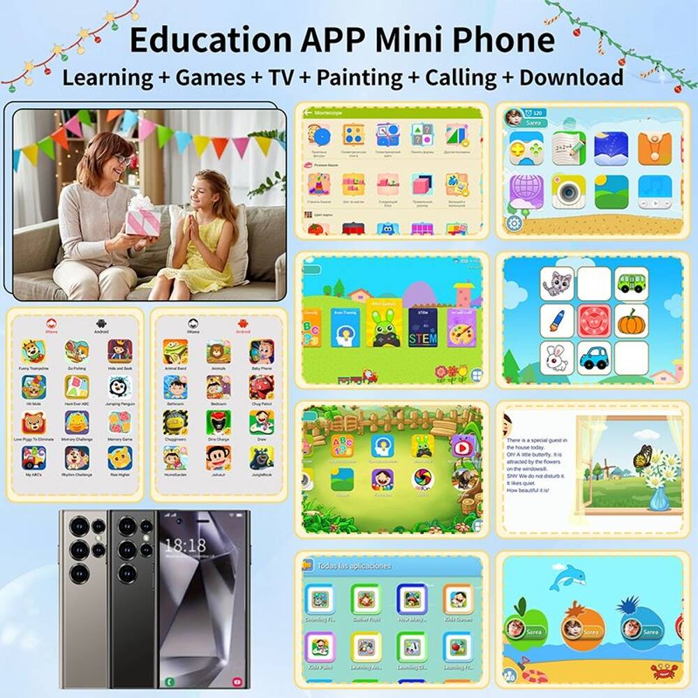 Education APP Mini Phone  
Learning + Games + TV + Painting + Calling + Download  

120 Sacra de AUR Andons  
1 STEM Thare  

- Quest  
- The hause todey ON A ame butorty  
- Bu the owers  
- Te SI W de N au  
- s - ow beautta  

18:18 Tookia lue upisstones  
150 als Sarea Sarea