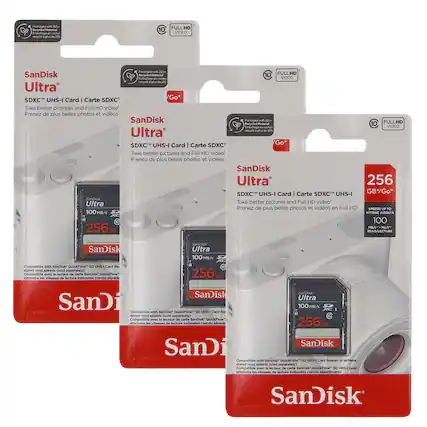 SanDisk Ultra SDXC™ UHS-I Card | Carte SDXC™
Take better pictures and Full HD video
Prenez de plus belles photos et vidéos en Full HD
Packaged with 20% Recycled Material
recyclé à plus de 20%
FULL HD VIDEO
SanDisk Ultra 256 GB*
100 MB/s READ/LECTURE
Compatible with SanDisk QuickFlow™ SD UHS-I Card Reader to achieve stated read speeds (sold separately)
Compatible avec le lecteur de carte SanDisk QuickFlow™ SD UHS-I pour atteindre les vitesses de lecture indiquées (vendu séparément)
256 GB*
SPEEDS UP TO 100 MB/s
SanDisk Ultra
100 MB/s
SanDisk