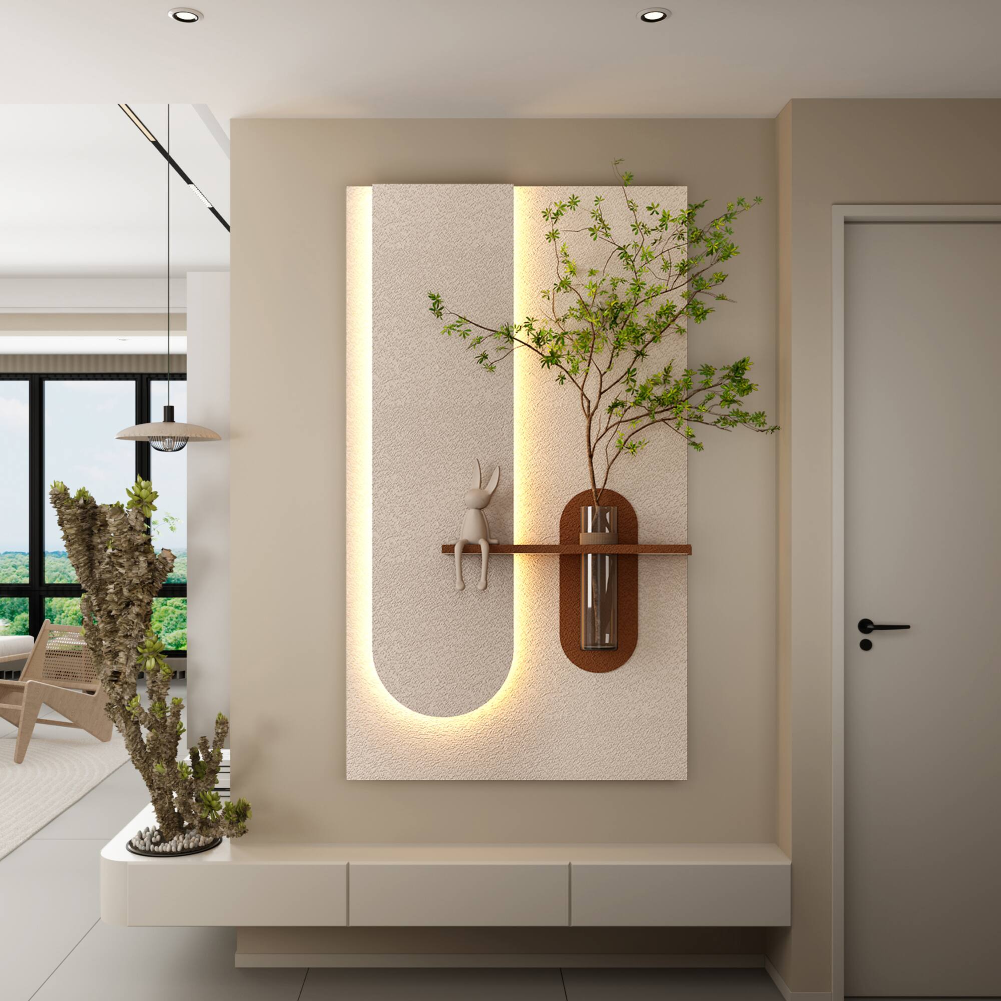 Left. GOODSILO - Adjustable LED Sandstone Wall Decor with Simulated Plants and Glass Vase for Living Room and Bedroom - Light Coffee.