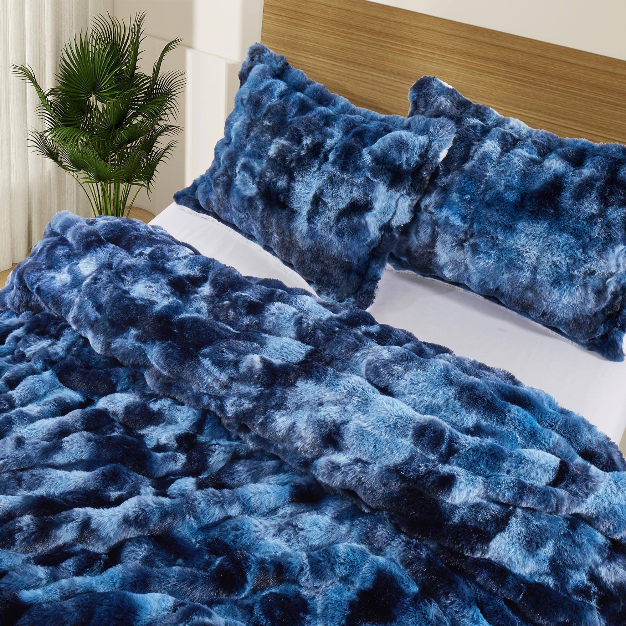 Alt View 1. Peace Nest - Peace Nest Ultra-Soft Faux Fur Comforter Set with Plush Tie-Dye & Reversible Sherpa, Dark Blue, Queen - Dark Blue.