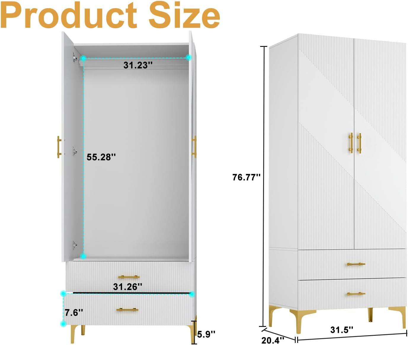 Product Size: 31.23", 55.28", 76.77", 31.26", 7.6", 5.9", 20.4", 31.5"