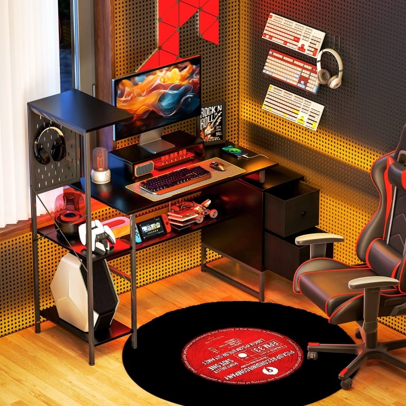 Anysun - 56" Computer Desk with Power Outlets, LED Lights & Storage, Gaming or Home Office Workstation - Black