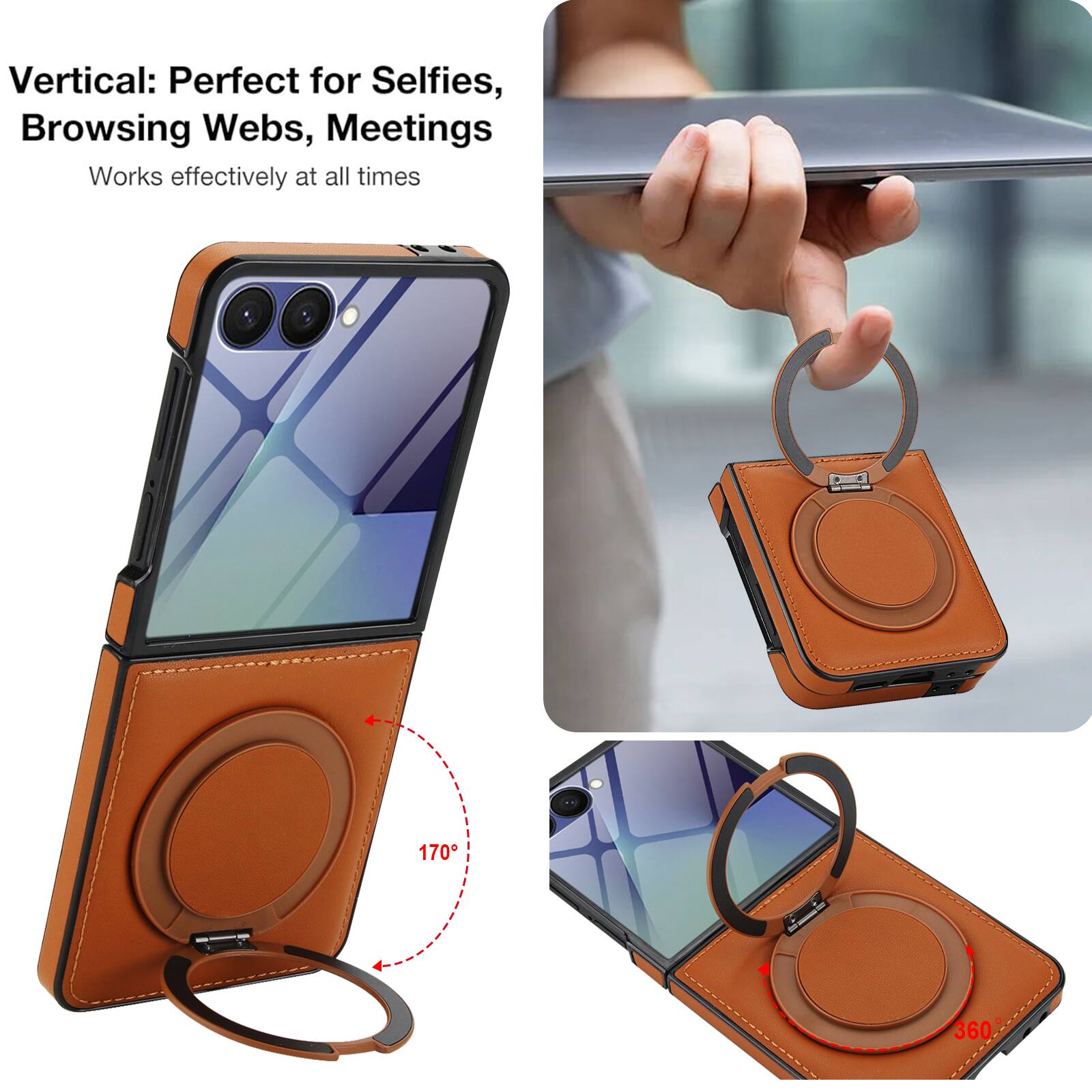 Vertical: Perfect for Selfies, Browsing Webs, Meetings  
Works effectively at all times  

170°  
360°