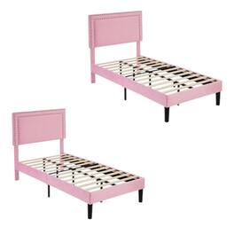 Hivvago - Set of 2 - Twin size Upholstered Platform Bed with Nailhead Trim Headboard - Pink