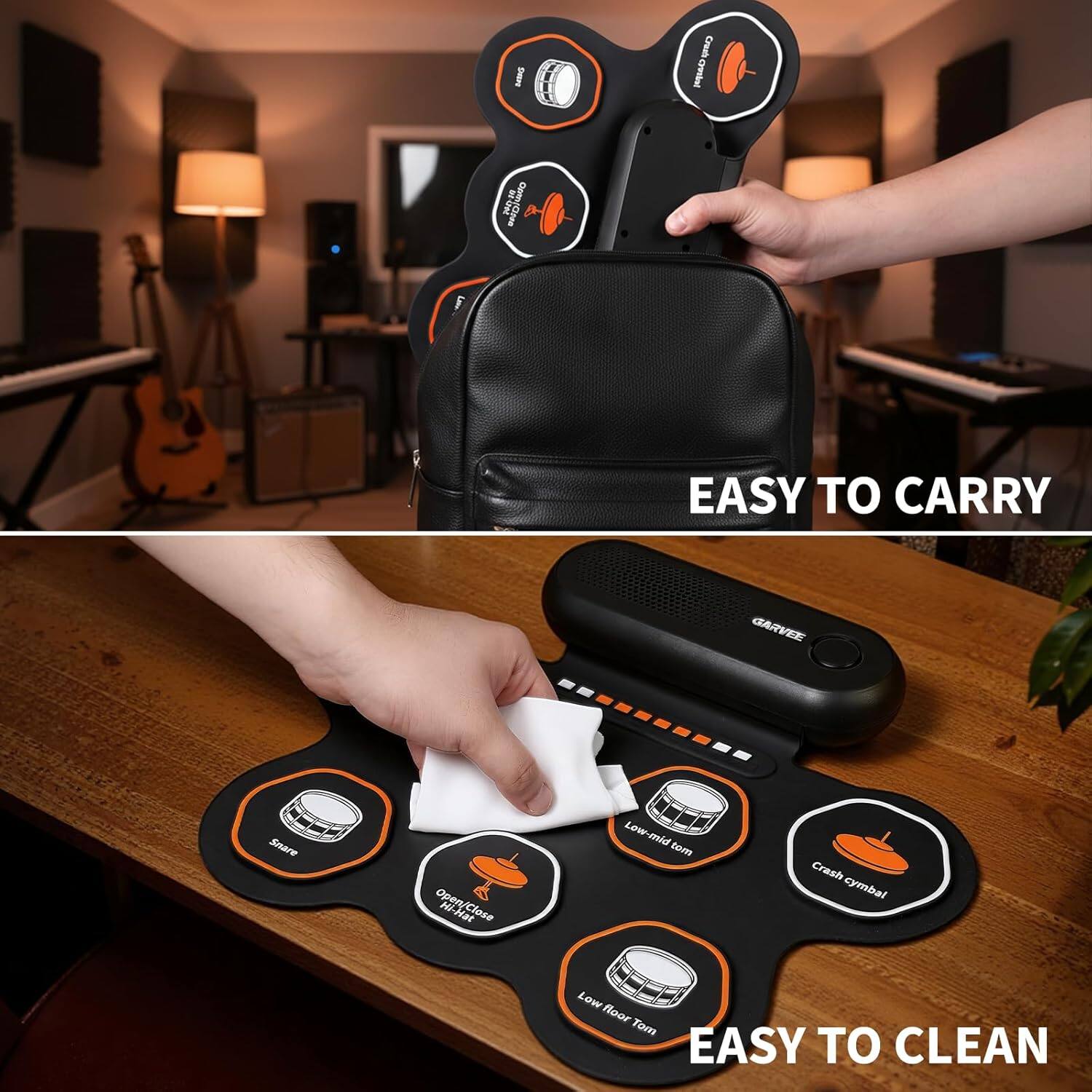 - Easy to Carry
- Snare Open/Close
- Hi-Hat Close
- Low-Mid Tom
- Crash Cymbal
- Low Floor Tom
- Easy to Clean