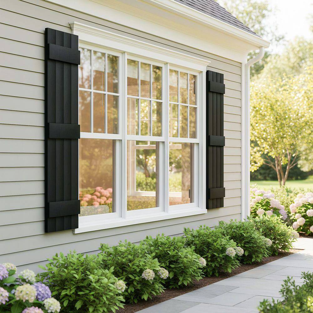 Alt View 8. Kadyn - Classic Board & Batten Faux Shutters with 3 Horizontal Bars for Timeless and Durable Exterior Elegance, 14"x59", Black - Black.