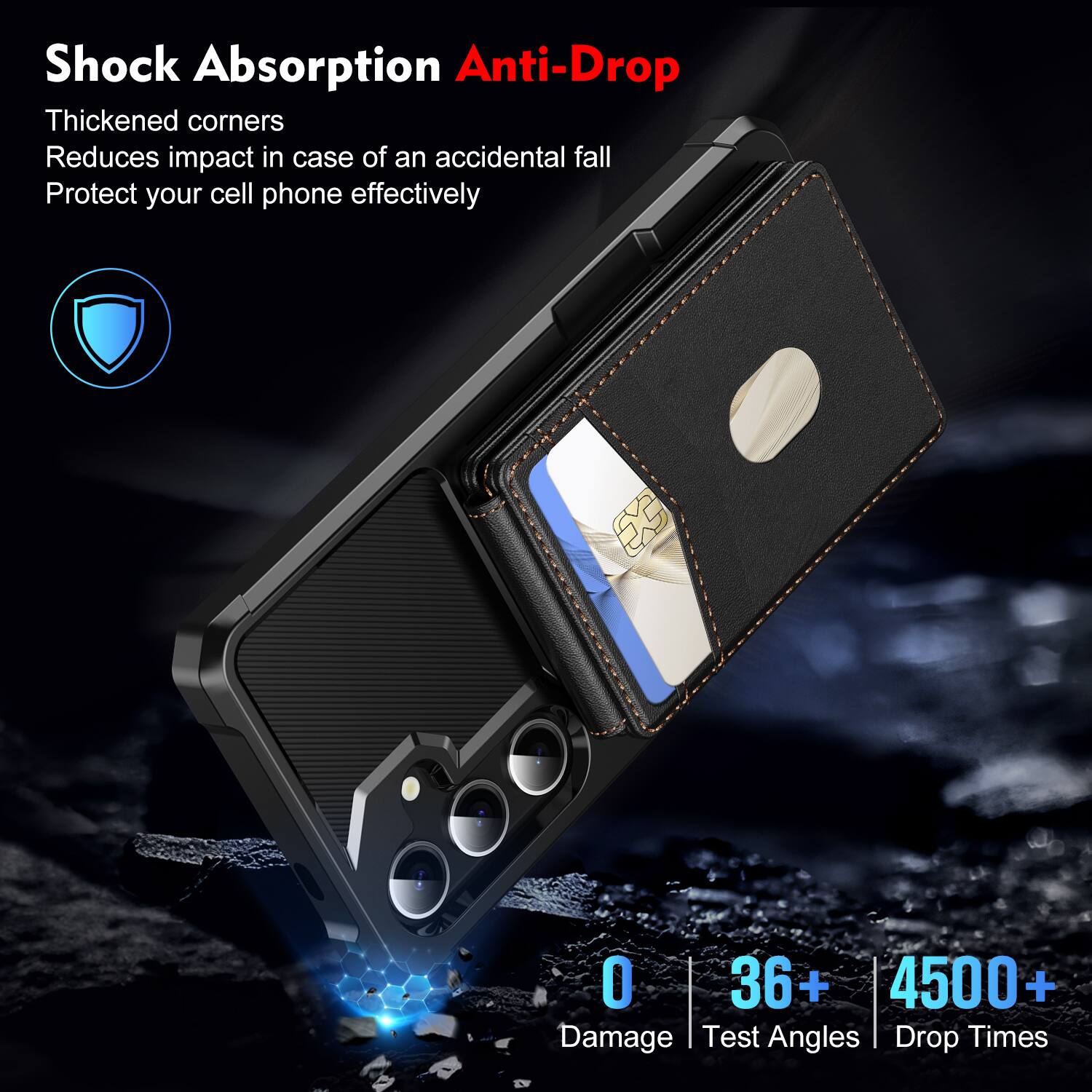 Shock Absorption Anti-Drop  
Thickened corners  
Reduces impact in case of an accidental fall  
Protect your cell phone effectively  

0 Damage  
36+ Test Angles  
4500+ Drop Times