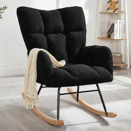 Trinkets Crazed - Tufted Upholstered Teddy Fabric Rocking Chair with Metal Frame Accent Chair Glider Chair for Living Room - Black