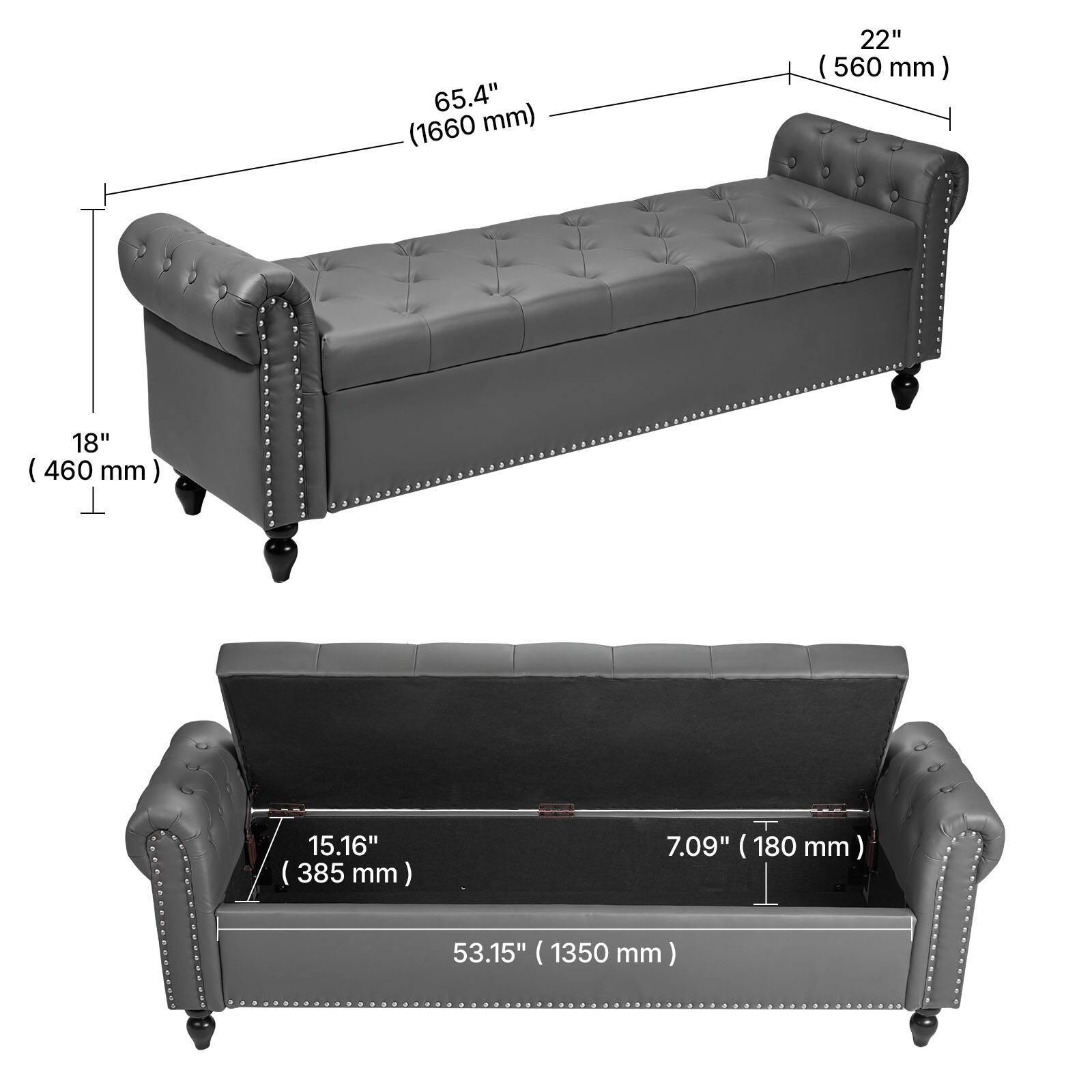 65.4" (1660 mm)  
22" (560 mm)  
18" (460 mm)  
15.16" (385 mm)  
7.09" (180 mm)  
53.15" (1350 mm)