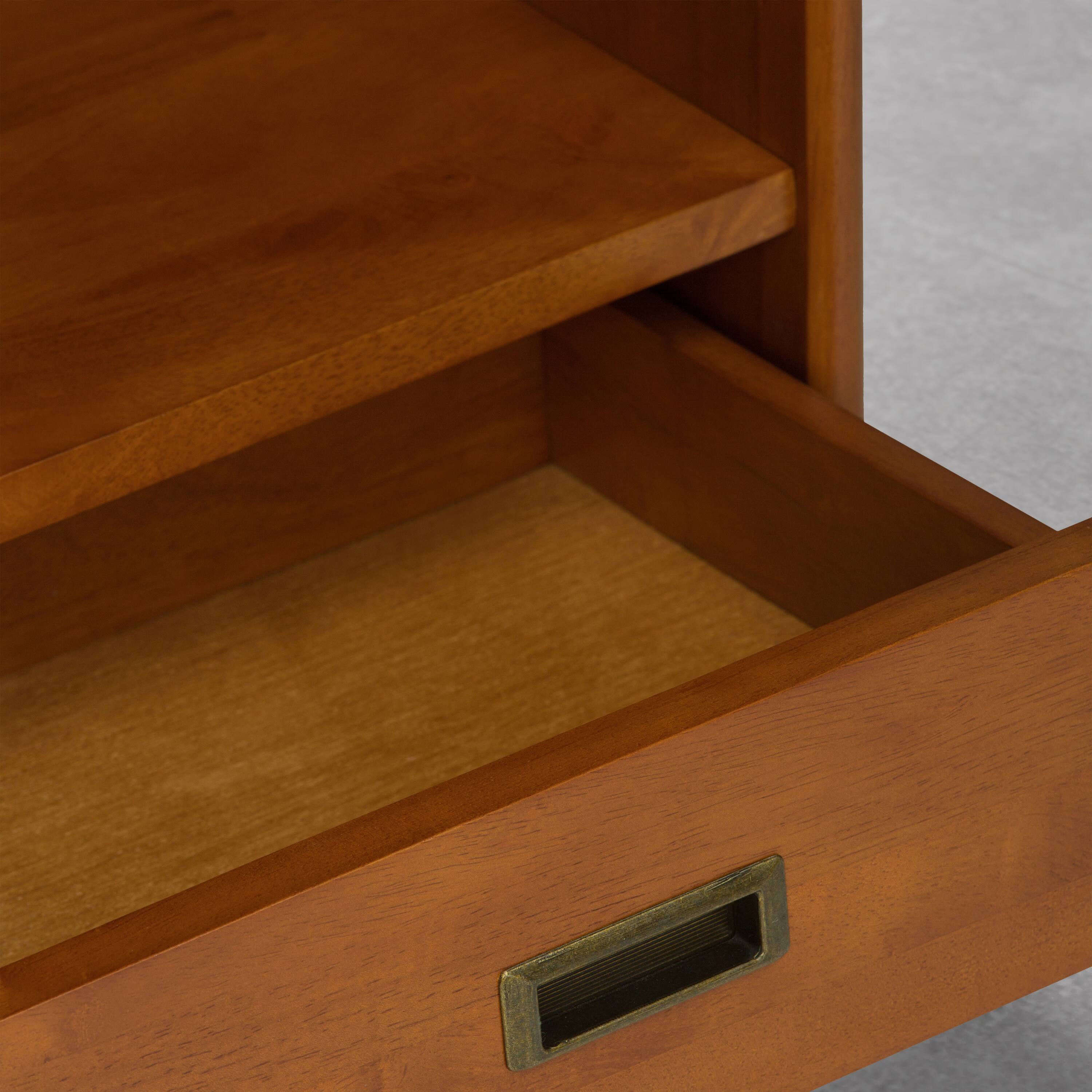 Alt View 3. Simpli Home - Draper 64 inch Tall Solid Wood Bookcase and Storage Unit, Tawny Brown Teak - Tawny Brown Teak.