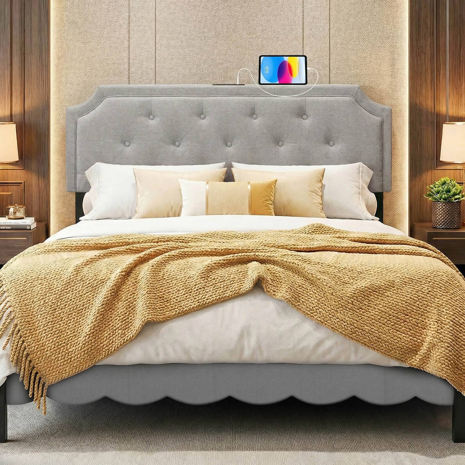 Alt View 3. Costway - Costway Headboard for Queen & Full Size Bed,Tufted Upholstered Head Board with 2 AC Outlets - Gray.