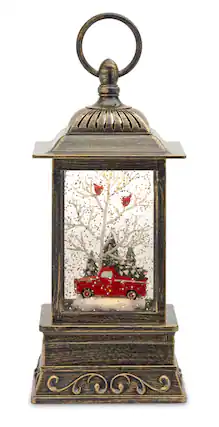 Front. BreeBe - LED Snow Globe Lantern with Truck and Forest Scene 10.25"H - Red, Green, White.