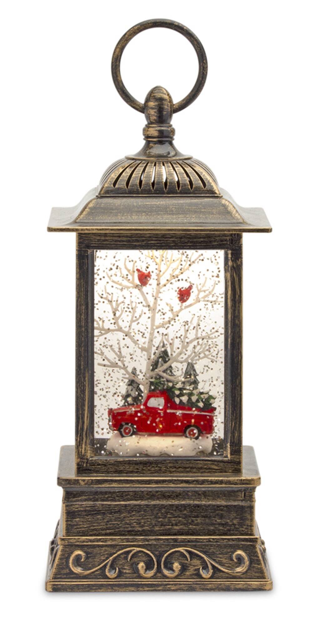 BreeBe - LED Snow Globe Lantern with Truck and Forest Scene 10.25"H - Red, Green, White