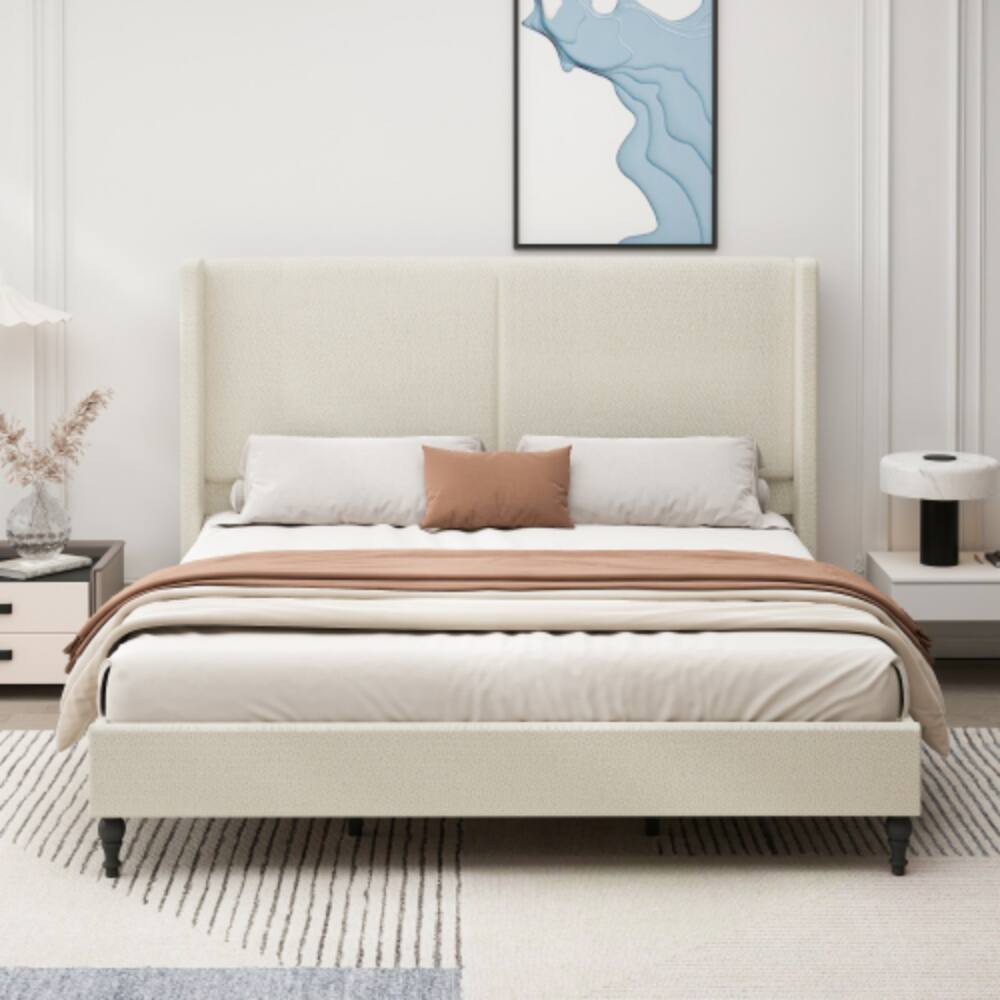 Angle. LUCKY ONE - King Size Upholstered Bed Frame with High-Back Tufted Headboard - No Box Spring Needed - Beige.