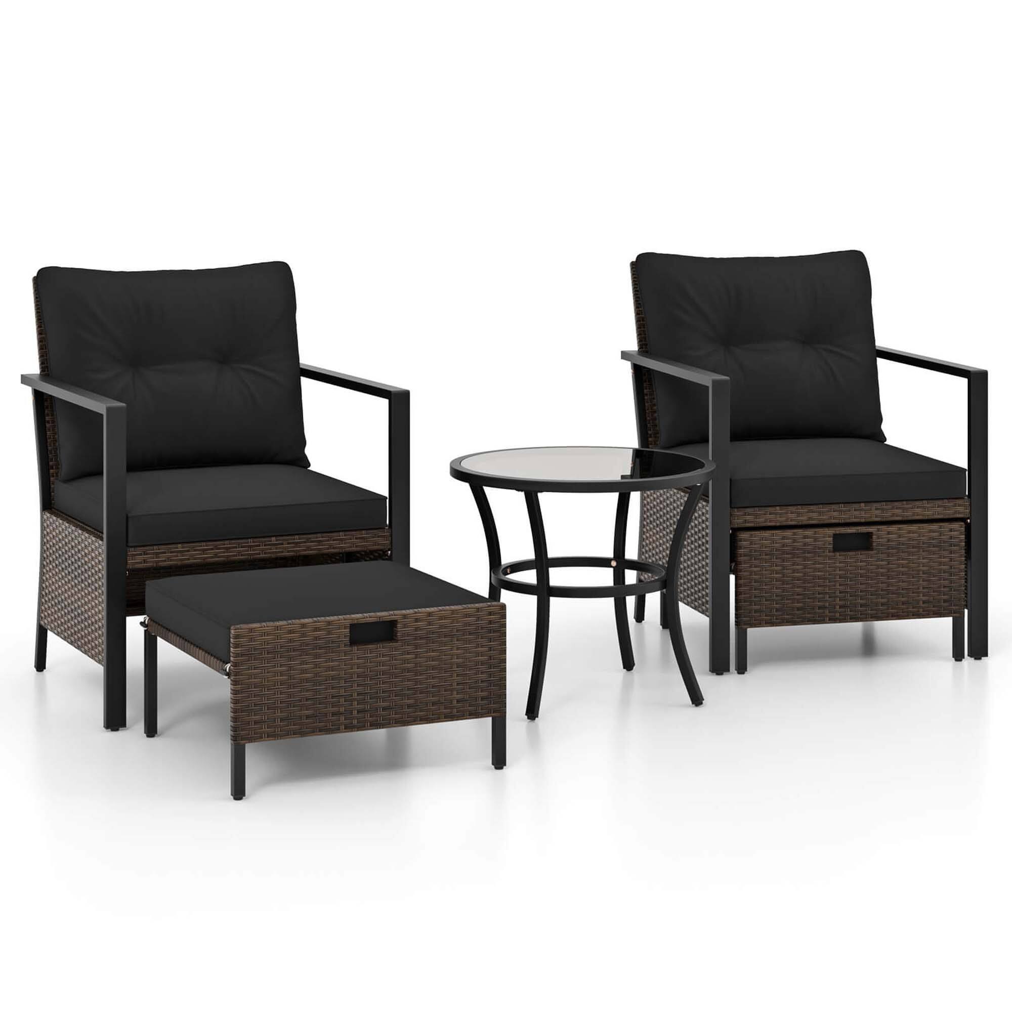 Alt View 3. Gymax - Gymax Set of 5 Furniture Set Rattan Chairs & Ottomans w/ Glass Topped Coffee Table Patio Black - Black.
